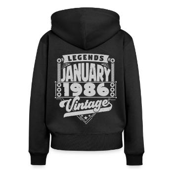 Vintage Anniversaire Janvier 1986, Janvier 1986. - Sweat à capuche zippé Premium bio Femme - noir - Dos - Julia (174cm)