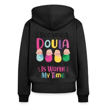 Doula accoucheuse Je suis devenue une - Sweat à capuche zippé Premium bio Femme - noir - Dos - Julia (174cm)