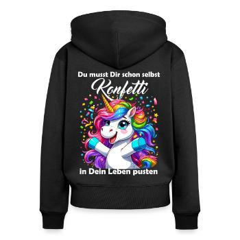 Einhorn Karneval Konfetti Spaß Optimismus lustig - Frauen Premium Bio Zip Hoodie - Schwarz - Hinten - Julia (174cm)