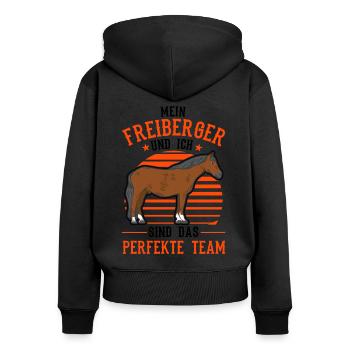 Freiberger Pferd und ich Sind das perfekte Team - Frauen Premium Bio Zip Hoodie - Schwarz - Hinten - Julia (174cm)