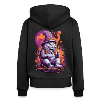 Art psychédélique forêt champignons Goa Trance chat - Sweat à capuche zippé Premium bio Femme - noir - Dos - Julia (174cm)