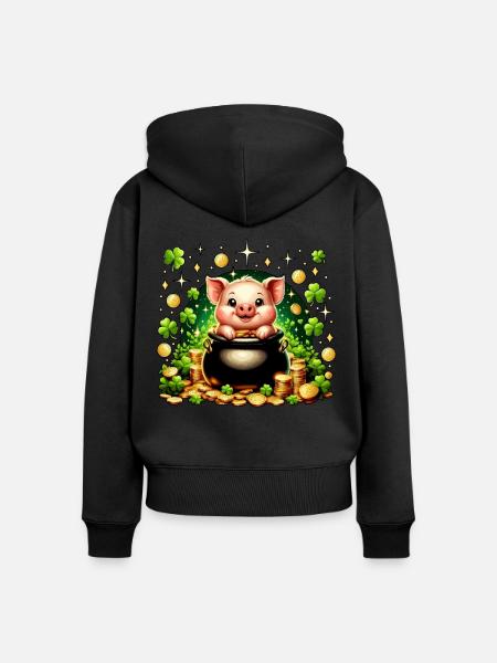 Glücksschweinchen - Frauen Premium Bio Zip Hoodie - Schwarz