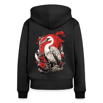 Kranich Asiatische Ästhetik Vintage Streetwear - Frauen Premium Bio Zip Hoodie - Schwarz - Hinten - Julia (174cm)