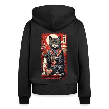 Chat saké japonais Vintage Art - Sweat à capuche zippé Premium bio Femme - noir - Dos - Julia (174cm)