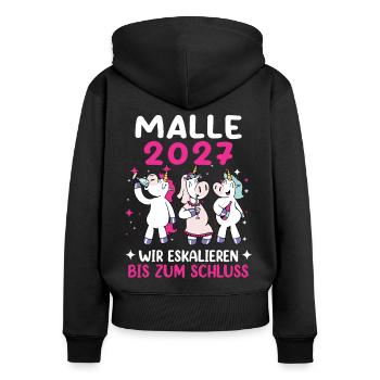 Damen Malle 2027 - Frauen Premium Bio Zip Hoodie - Schwarz - Hinten - Julia (174cm)