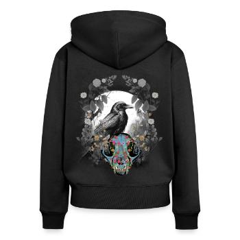 Dark Fantasy Krähe Schädel Knochen Horror Waldtier - Frauen Premium Bio Zip Hoodie - Schwarz - Hinten - Julia (174cm)