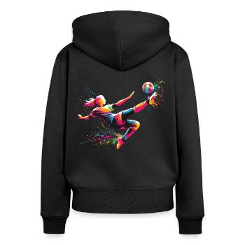 Fußball Fußballerin, bunt, Fussballspielerin Frau - Frauen Premium Bio Zip Hoodie - Schwarz - Hinten - Julia (174cm)