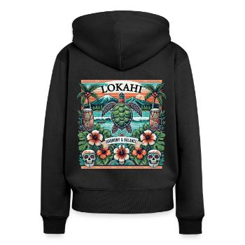 Hawaii Lokahi Harmonie und Gleichgewicht Reine Glückseligkeit - Frauen Premium Bio Zip Hoodie - Schwarz - Hinten - Julia (174cm)