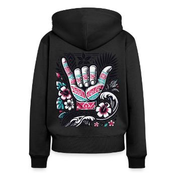 Shaka Vibes - Hawaiianisches Aloha Spirit Design - Frauen Premium Bio Zip Hoodie - Schwarz - Hinten - Julia (174cm)