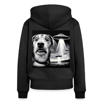 Chien choqué et ovnis - Science-Fi Surprise Design - Sweat à capuche zippé Premium bio Femme - noir - Dos - Julia (174cm)