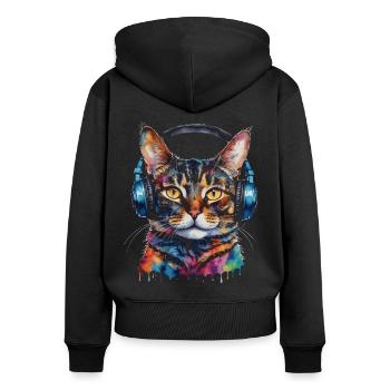 Katze Kopfhörer Bunt Lustig Tier Design Print - Frauen Premium Bio Zip Hoodie - Schwarz - Hinten - Julia (174cm)