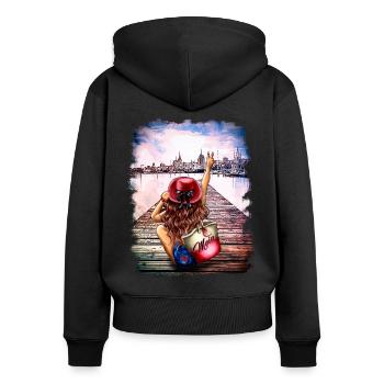Frau brünett mit Moin-Tasche am Meer – Rostock - Frauen Premium Bio Zip Hoodie - Schwarz - Hinten - Julia (174cm)