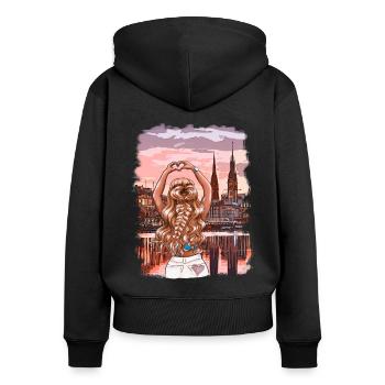 Ma femme Hambourg Illustration de la ligne d’horizon - Sweat à capuche zippé Premium bio Femme - noir - Dos - Julia (174cm)
