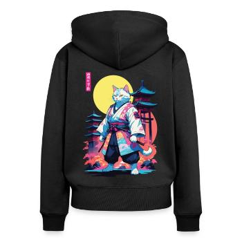 Conception esthétique Samurai Cat Vaporwave - Sweat à capuche zippé Premium bio Femme - noir - Dos - Julia (174cm)