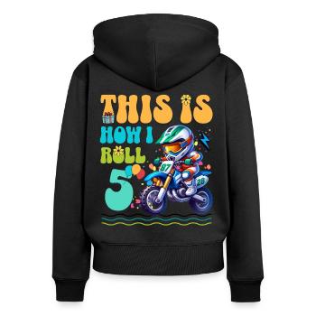 5e anniversaire de motocross - Sweat à capuche zippé Premium bio Femme - noir - Dos - Julia (174cm)
