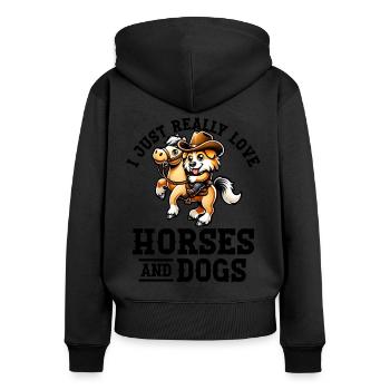 Ich Liebe Pferde Und Hunde - Frauen Premium Bio Zip Hoodie - Schwarz - Hinten - Julia (174cm)