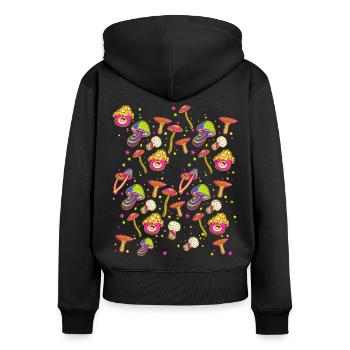 lustige Pilze Pilz Waldpilze bunt farbenfroh - Frauen Premium Bio Zip Hoodie - Schwarz - Hinten - Julia (174cm)