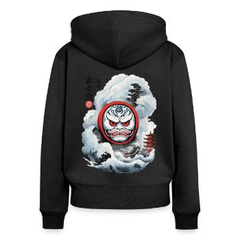 Japanischer Daruma Aesthetic Yokai Streetwear - Frauen Premium Bio Zip Hoodie - Schwarz - Hinten - Julia (174cm)