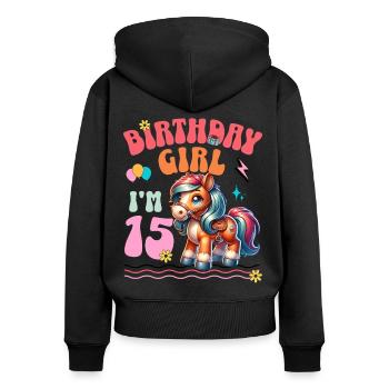15ème anniversaire fille équitation - Sweat à capuche zippé Premium bio Femme - noir - Dos - Julia (174cm)