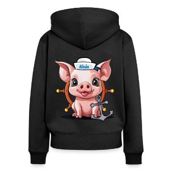 Schwein Glücksgsbringer Matrose Steuermann Moin - Frauen Premium Bio Zip Hoodie - Schwarz - Hinten - Julia (174cm)