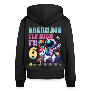 6e anniversaire de l’astronaute Licorne - Sweat à capuche zippé Premium bio Femme - noir - Dos - Julia (174cm)
