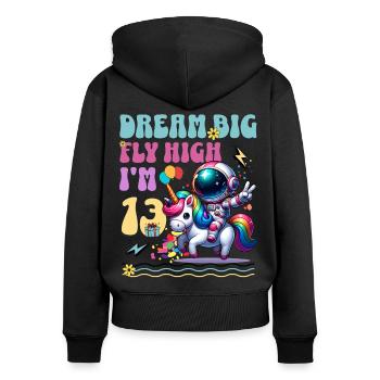 Astronaute Licorne 13e anniversaire - Sweat à capuche zippé Premium bio Femme - noir - Dos - Julia (174cm)