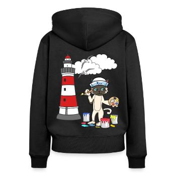 Chat Peintre Phare Marin Côte Maritime Mouette - Sweat à capuche zippé Premium bio Femme - noir - Dos - Julia (174cm)
