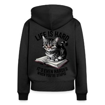 Cute Bookworm Cat on a Book - Funny Cat Lover Art - Women's Premium Organic Zip Hoodie - black - Back - Julia (174cm)