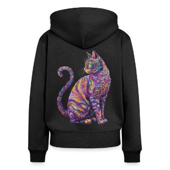 Chat Psychédélique Vibrant - Art Félin Coloré - Sweat à capuche zippé Premium bio Femme - noir - Dos - Julia (174cm)