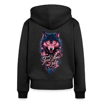 Nur wilde Vibes - Bold Wolf und florale Kunst - Frauen Premium Bio Zip Hoodie - Schwarz - Hinten - Julia (174cm)