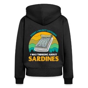 Sardines, Pêche, Poisson - Sweat à capuche zippé Premium bio Femme - noir - Dos - Julia (174cm)