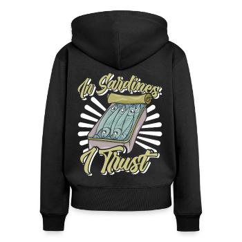 Sardines, Pêche, Poisson - Sweat à capuche zippé Premium bio Femme - noir - Dos - Julia (174cm)
