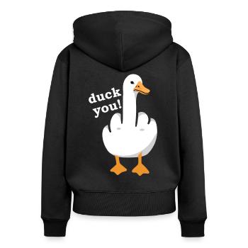 Unhöfliches Lustiges Sprichwort "Duck You" Outfit - Frauen Premium Bio Zip Hoodie - Schwarz - Hinten - Julia (174cm)