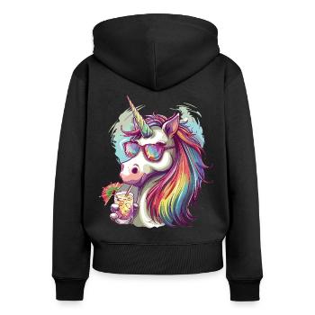 Buntes Erfrischendes Cocktail Einhorn - Frauen Premium Bio Zip Hoodie - Schwarz - Hinten - Julia (174cm)
