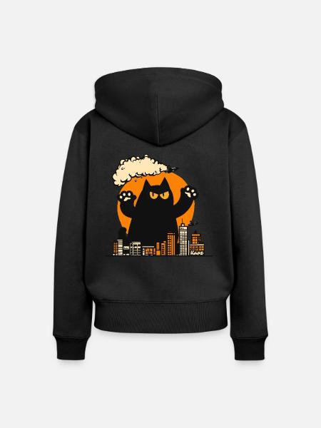 Angriff der Monster Katze - Frauen Premium Bio Zip Hoodie - Schwarz