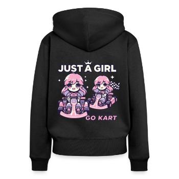 Une fille dans une aventure de karting - Sweat à capuche zippé Premium bio Femme - noir - Dos - Julia (174cm)