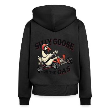 Oie folle dans l’aventure en karting - Sweat à capuche zippé Premium bio Femme - noir - Dos - Julia (174cm)