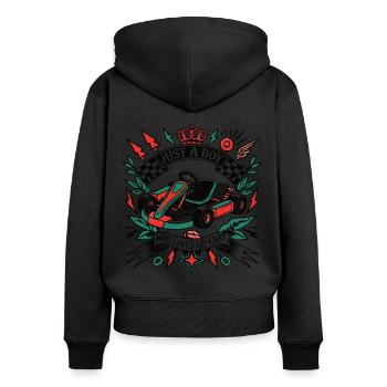 Un garçon qui aime les courses de karting style rétro - Sweat à capuche zippé Premium bio Femme - noir - Dos - Julia (174cm)