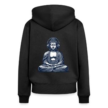 Musik Meditation Buddha Streetwear Outfit - Frauen Premium Bio Zip Hoodie - Schwarz - Hinten - Julia (174cm)
