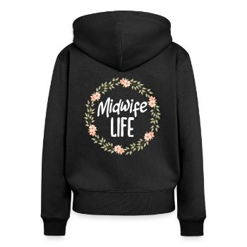 Midwife Life Flower Wreath Motif - Women's Premium Organic Zip Hoodie - black - Back - Julia (174cm)
