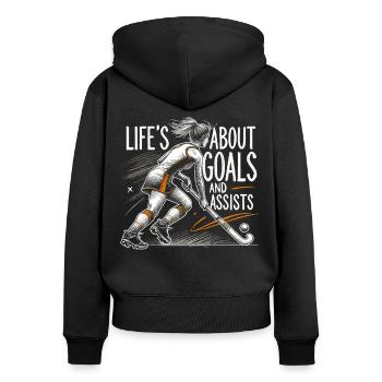 Feldhockey, Feldhockeyspielerin Life's About Goals - Frauen Premium Bio Zip Hoodie - Schwarz - Hinten - Julia (174cm)