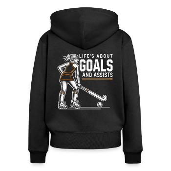 Feldhockey, Feldhockeyspielerin Life's About Goals - Frauen Premium Bio Zip Hoodie - Schwarz - Hinten - Julia (174cm)