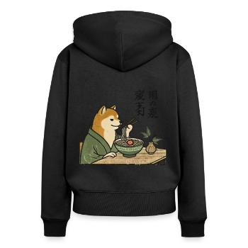 Retro Japan Ukiyo-E Shiba Dog Eats Ramen Noodles - Women's Premium Organic Zip Hoodie - black - Back - Julia (174cm)