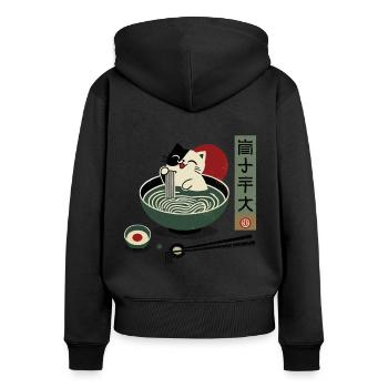 Kawaii Ramen Cat : Nouilles japonaises Ukiyo-E - Sweat à capuche zippé Premium bio Femme - noir - Dos - Julia (174cm)