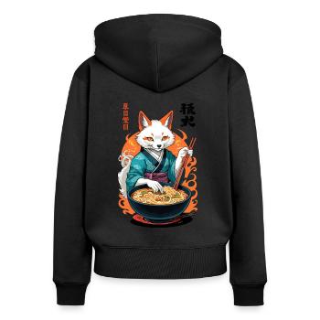 Kitsune Ramen Noodles Kawaii Japan Retro Ukiyo-e - Women's Premium Organic Zip Hoodie - black - Back - Julia (174cm)