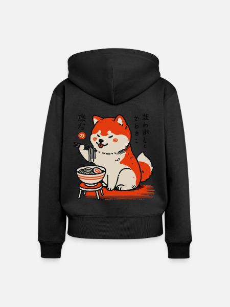 Shiba chien aime les nouilles ramen rétro ukiyo-e - Sweat à capuche zippé Premium bio Femme - noir