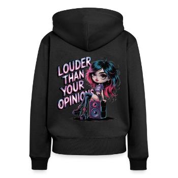 Plus fort que votre opinion – Déclaration punk et gothique - Sweat à capuche zippé Premium bio Femme - noir - Dos - Julia (174cm)