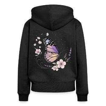 Papillon et fleurs au printemps - Sweat à capuche zippé Premium bio Femme - noir - Dos - Julia (174cm)