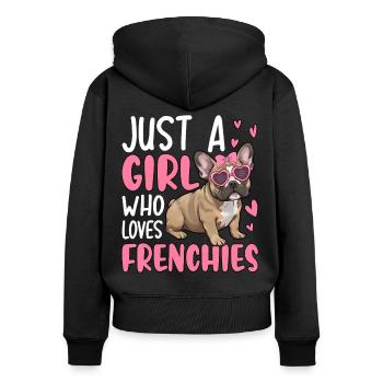 Juste une fille qui aime les Frenchies - Sweat à capuche zippé Premium bio Femme - noir - Dos - Julia (174cm)
