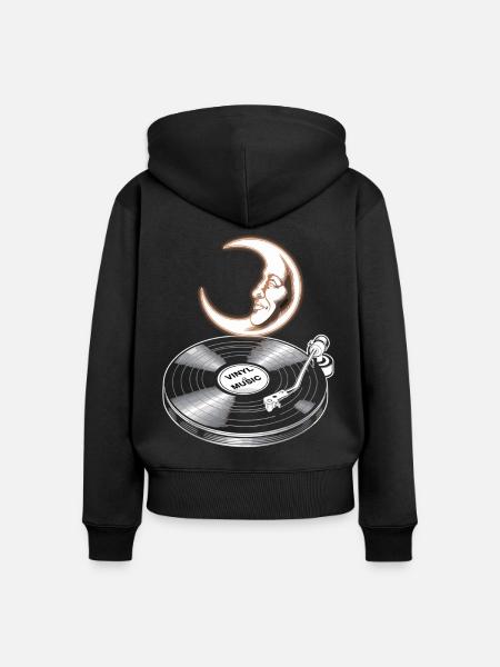 Vinyl Musik mit Mond - Frauen Premium Bio Zip Hoodie - Schwarz
